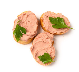 Toasts with tasty pate on white background