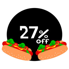 27% off inside black circle with hot dog. Twenty seven percent off hot dog