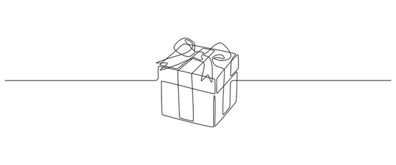 One Continuous line drawing of Christmas Present box with ribbon and bow. Festive gift and Wrapped birthday surprise package in simple linear style. Doodle outline vector illustration