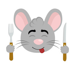 vector illustration face of a cartoon mouse with an expression of yummy that delicious, with a knife and fork in his hands