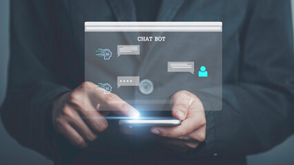 Artificial Intelligence (AI) conversation. Person using online customer service with chat AI bot to get support by enter command prompt for generates. Futuristic digital