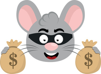vector illustration face of a mouse thief cartoon with mask and bags of money in hands