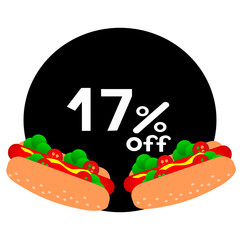 17% off inside black circle with hot dog. Seventeen percent off hot dog