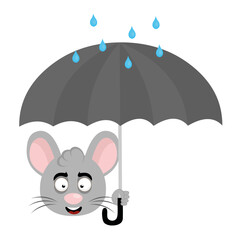 vector illustration face of a cartoon mouse with a happy expression, holding an umbrella with raindrops