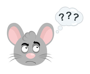 vector illustration face of a cartoon mouse with a thinking expression or doubt, with a thought cloud with question marks