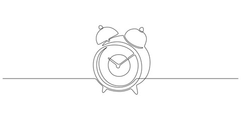 One continuous line drawing of morning alarm clock. Timer watch to wake up in simple linear style. Reminder and school schedule concept. Editable stroke. Doodle vector illustration