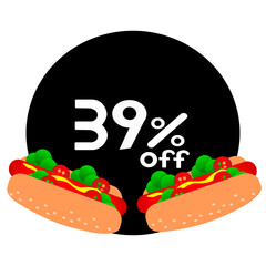 39% off inside black circle with hot dog. Thirty nine percent off hot dog