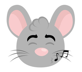 vector illustration face of a cartoon mouse whistling with musical notes on the lips