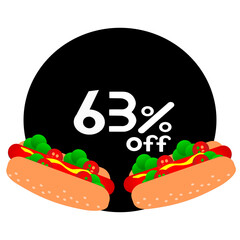 63% off inside black circle with hot dog. Sixty three percent off hot dog