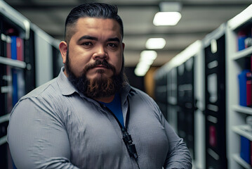 Latino IT specialist in server room, copyspace. Generative AI