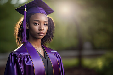 African American woman graduate wearing purple cap and gown. Generative AI - obrazy, fototapety, plakaty
