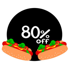 80% off inside black circle with hot dog. Eighty percent off hot dog