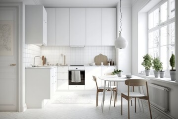 Fototapeta na wymiar modern kitchen interior design in a house, white colored decoration design, natural light from windows, generative ai, 3D rendered 