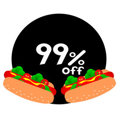 99% off inside black circle with hot dog. Ninety nine percent off hot dog