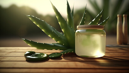 fresh aloe vera leaves and glass of aloe vera juice on wooden background