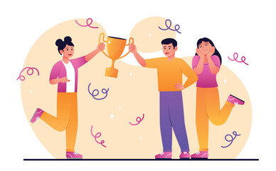 Goal achievement concept. Man and young girl with golden cup. Colleagues or partners celebrate success. Award, reward and trophy. Competition winners, festive. Cartoon flat vector illustration