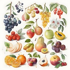 Collection of pretty delicate watercolor fruits. Each fruit is a different type. Generative AI