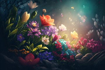Naklejka na ściany i meble a background in the spring, filled with colorful flowers, created with Generative AI
