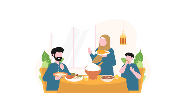 Iftar party with family during ramadan, meal with muslim family, ramadan fasting illustration
