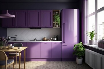 Fototapeta premium modern kitchen interior design in a house, purple colored decoration design, natural light from windows, generative ai, 3D rendered 