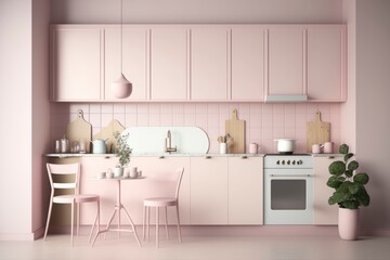 modern kitchen interior design in a house, pink colored decoration design, natural light from windows, generative ai, 3D rendered 