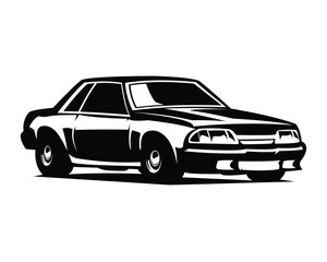 Plakat 1990 mustang silhouette. American classic sports car, using a powerful 5.0 liter V8 engine. Timeless icons captivate car enthusiasts. Best for badges, emblems, logos, auto industry.