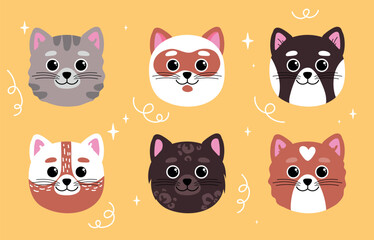 Set of different breeds cat. Collection of heads of cute and adorable animals, pets. Toy or mascot for children. Social media sticker. Cartoon flat vector illustrations isolated on yellow background