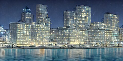 Great modern city with shining skyscrapers by the sea at night ai Generated, generative AI, CGI graphics