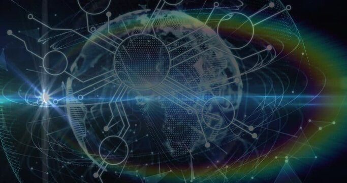 Animation of rainbow lens flare, microprocessor connections and light trails over a globe