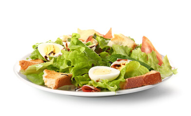 Plate of delicious salad with boiled eggs and jamon isolated on white background