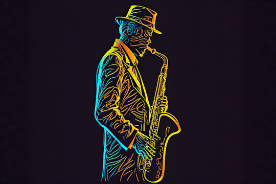 Abstract minimalistic jazzman figure in hat plays the melody , concept of Sketch Art and Jazz Music, created with Generative AI technology
