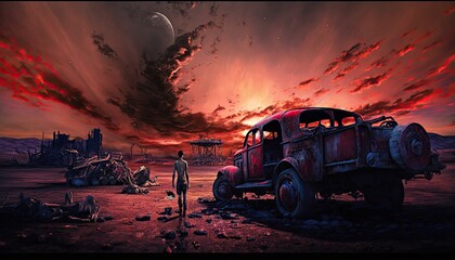 A post-nuclear wasteland with ruined buildings, skeletons of vehicles, Under a sunset, Apocalypse Concept, Ai, Ai Generated