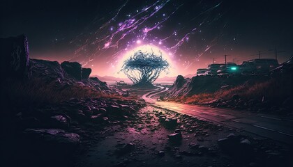 A post-solar flare wasteland with abandoned cities, under a dark light with shimmering auroras in the sky, Ai, Ai Generated