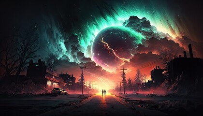 A massive solar flare has destroyed the world's power grids, and society has collapsed. The sky is now filled with strange, shimmering auroras, Apocalypse, Ai, Ai Generated