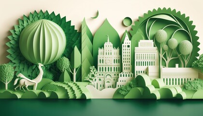 Green eco city or sustainable city in paper art style with cutout trees, building silhouettes, windmills, and solar panels, Generative AI