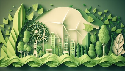 Green eco city or sustainable city in paper art style with cutout trees, building silhouettes, windmills, and solar panels, Generative AI