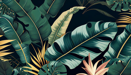 seamless pattern featuring beautiful palm and banana leaves in a tropical theme. Generative AI
