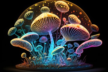 Fantastic color rainbow glowing mushrooms in a mysterious dark forest close-up. Beautiful macro shot of a magic mushroom, fungus. Art design border. Magic light. Generative AI