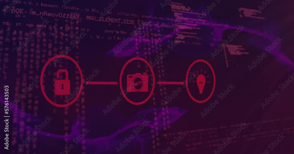 Poster animation of connected icons over programming language against abstract background