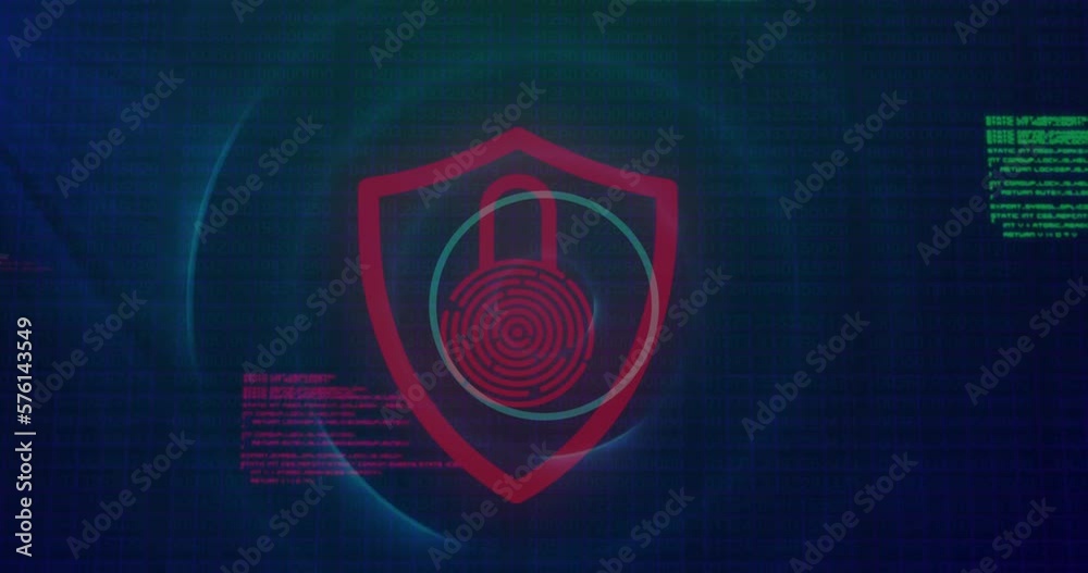 Poster animation of circles over padlock in shied against computer language on blue background