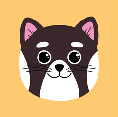 Brown and white breed cat. Poster or banner for website. Toy or mascot for children. Logo for veterinary clinic, sticker for social networks and avatar for messengers. Cartoon flat vector illustration