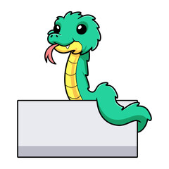 Cute green spiny bush viper cartoon with blank sign