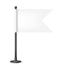 Realistic table flag on a steel pole. Blank white desk flag made of paper or fabric. Black metal stand. Mockup for promotion and advertising. Vector illustration