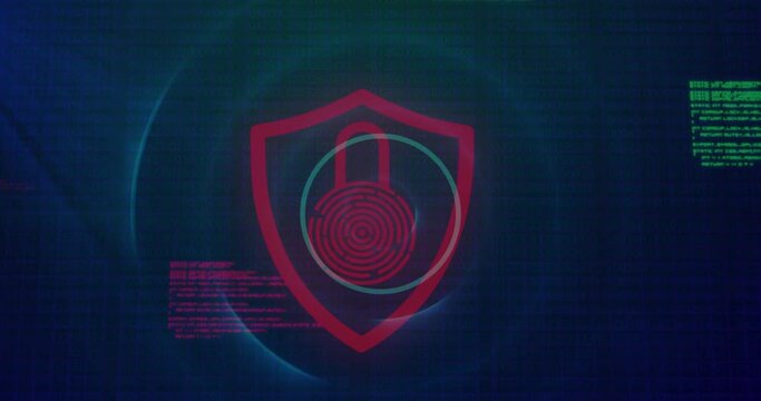 Animation of circles over padlock in shied against computer language on blue background