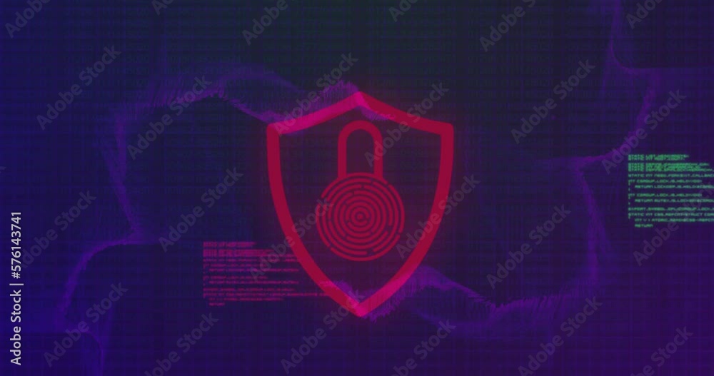 Poster animation of fingerprint padlock in shield over computer language against abstract background