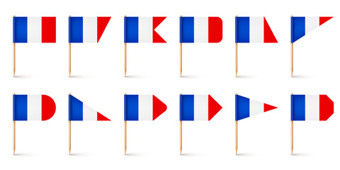 Realistic various French toothpick flags. Souvenir from France. Wooden toothpicks with paper flag. Location mark, map pointer. Blank mockup for advertising and promotions. Vector illustration