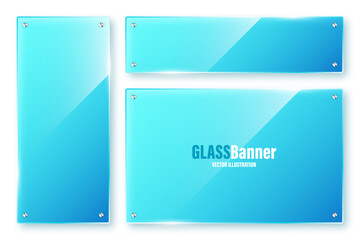 Realistic isolated glass frames collection. Blue transparent glass banners with flares and highlights. Glossy acrylic plate, element with light reflection and place for text. Vector illustration