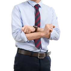 Young businessman rolling up his sleeve on white background