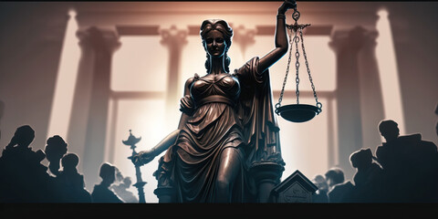 The Iconic Lady Justice: A Symbol of Justice and Equality in a Courtly Setting AI Generative - obrazy, fototapety, plakaty