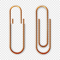Realistic copper paperclip attached to paper isolated on white background. Shiny metal paper clip, page holder, binder. Workplace office supplies. Vector illustration
